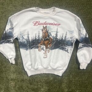 Budweiser Sweatshirt Unisex XXS White Clydesdale Horse Winter Graphic Crewneck